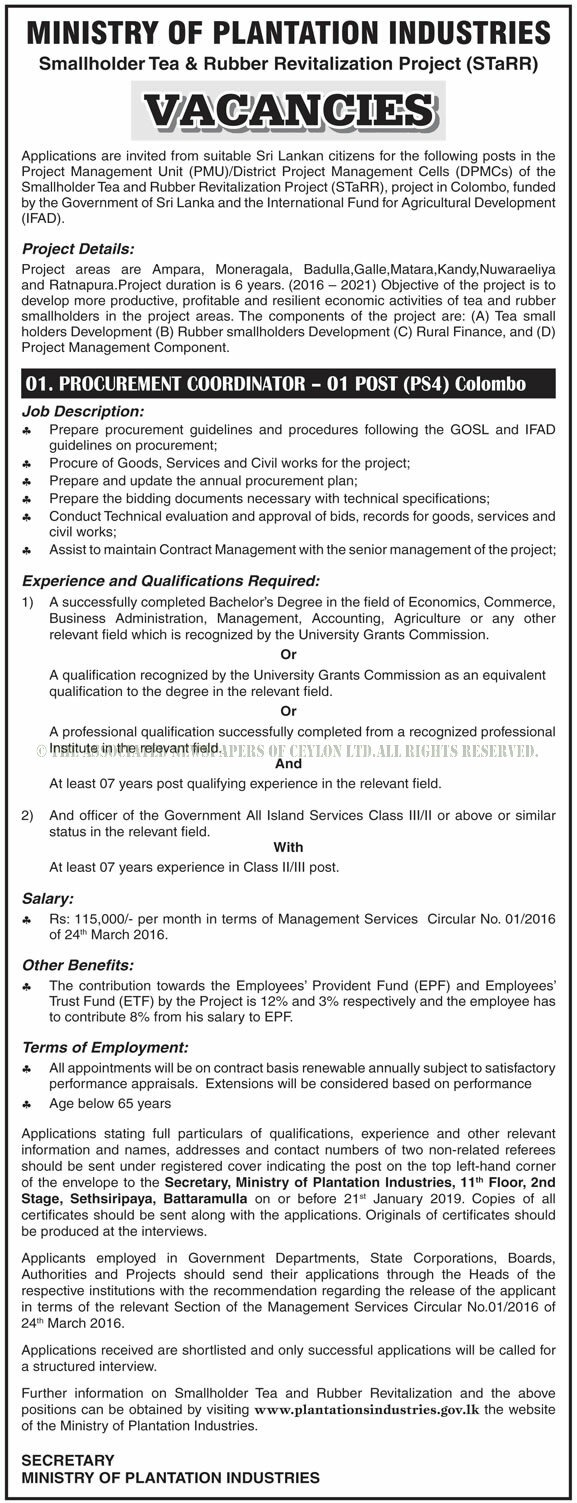 Procurement Coordinator - Ministry of Plantation Industries